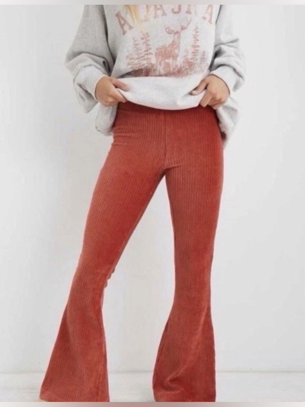 Aerie Groove On Burnt Orange Ribbed Velour Flare Pull On Pants Fall Medium Short